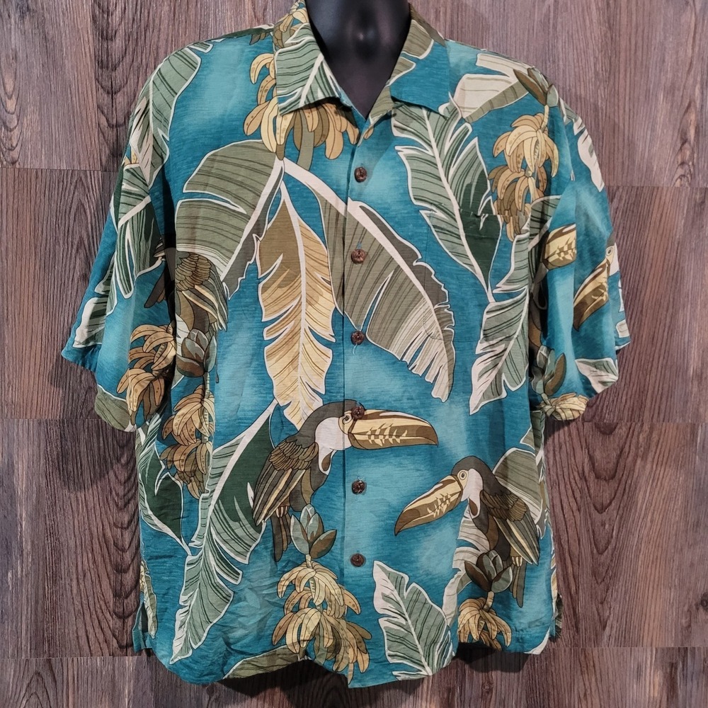 Montego Mon 100% Silk Hawaiian Shirt XL Teal Multi Toucan Palm Tropical Vacation